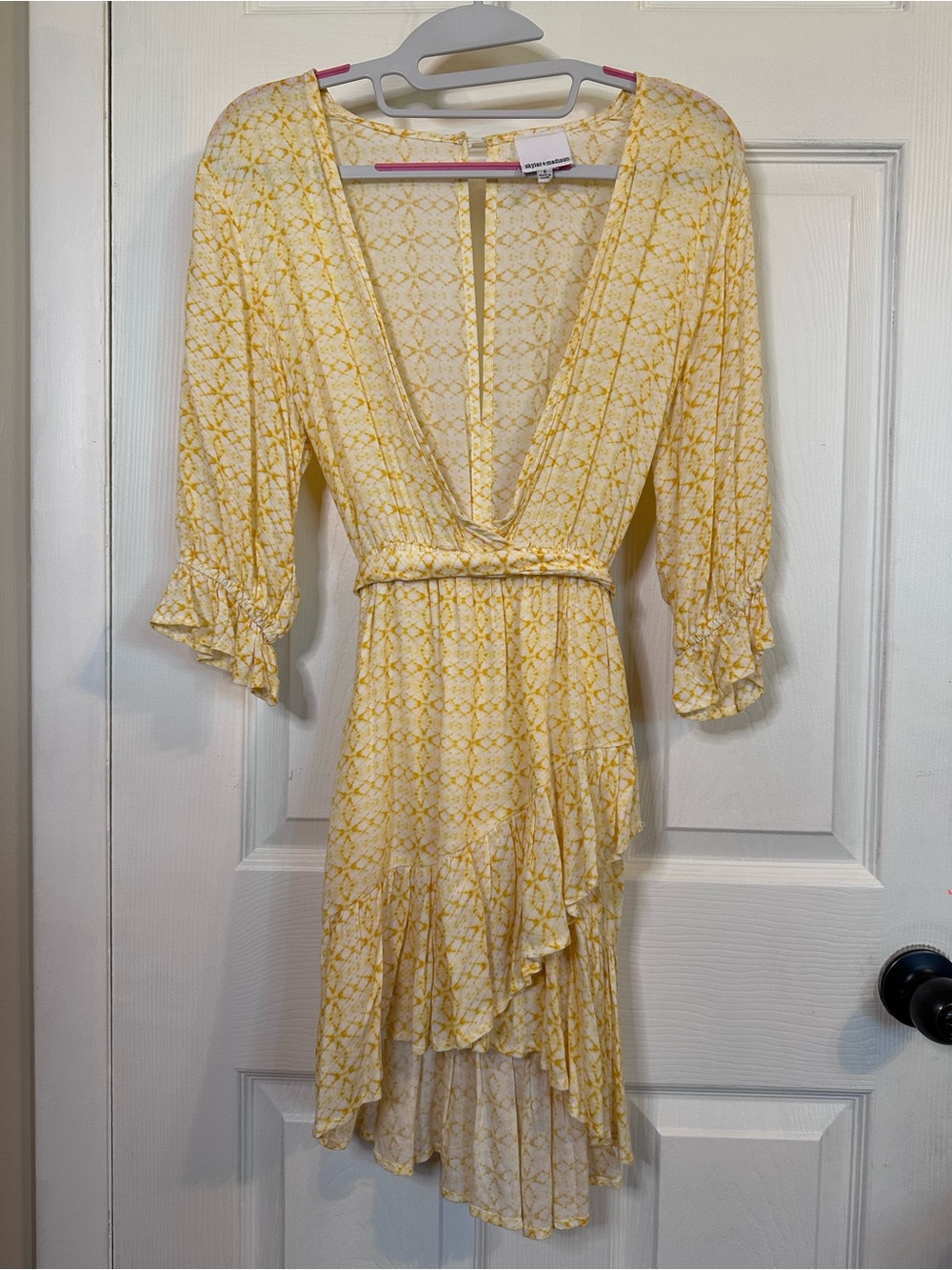 Skylar + Madison Yellow Floral Wrap Ruffle Mini Dress | Size Small